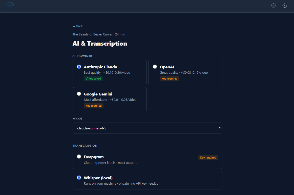 VidSynth AI model selection screen showing Claude, GPT-4o, and Gemini options